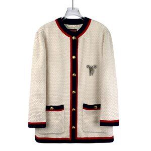 Gucci Beige Cotton Tweed Cardigan Jacket W/Sequined Lion Applique & Pockets Size